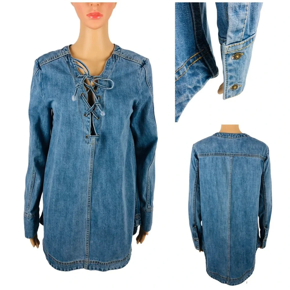 Free People Small Neopolitan Dreams Denim Tunic Lace Up Long Sleeve Cotton Boho